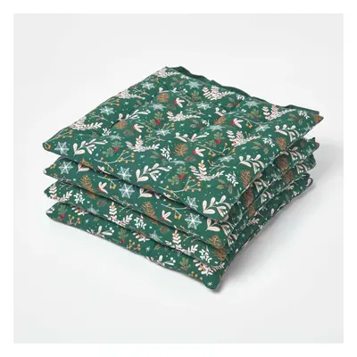 Homescapes Festive Forest Green Christmas Seat Pad with Straps 100% Cotton x cm