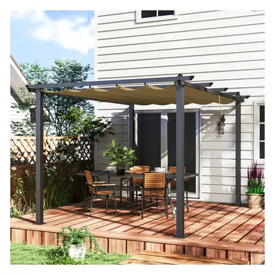 Outsunny x 4m Aluminium Pergola with Retractable Roof, Garden Gazebo Khaki