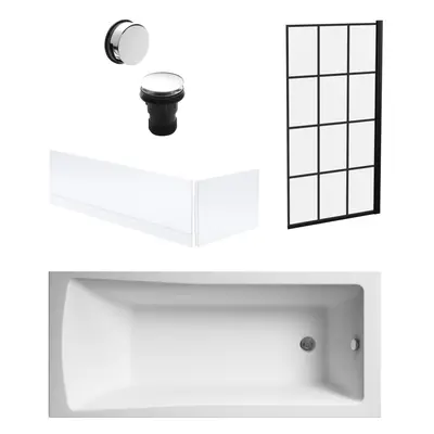 Square Single Ended Bath, Framed Black Screen, Panels, Chrome Waste - 1700x700mm