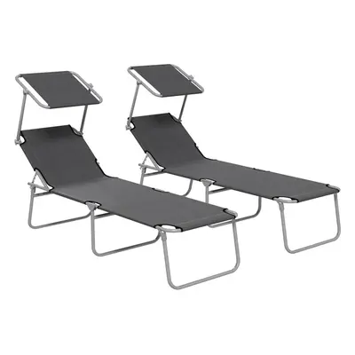 Outsunny Folding Sun Lounger Set of w/ Sunshade Adjustable Backrest Grey