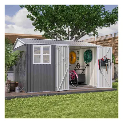 (10X10FT, Grey) BIRCHTREE Outdoor Garden Shed Steel Apex Roof Tool With Doors Window Foundation