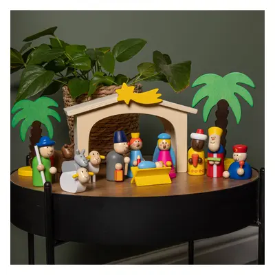 24cm Wooden Christmas Nativity Scene Playset With Multi-Coloured Figures