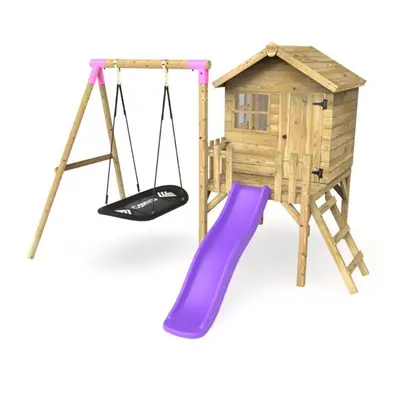 (Purple) Rebo Orchard 4ft x 4ft Wooden Playhouse with Boat Swing, 900mm Deck and 6ft Slide - Boa