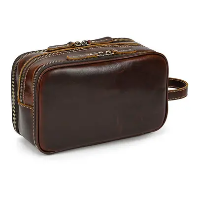 (Red Brown(26cm)) Genuine leather toiletry travel bag for men women black luxury style makeup ba