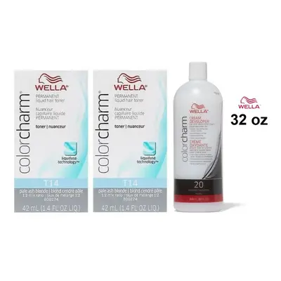 (T14 & T14 & Dev (Vol. 20) 32oz) Wella Color Charm T14 Pale Ash Blonde Permanent Liquid Hair Ton