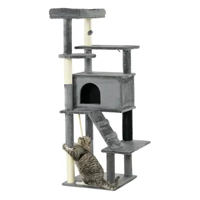 PawHut Cat Tree Tower for Indoor Cats with Scratching Post, House, Toy, Grey