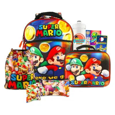 Super Mario Backpack Set - Bundle of a 16"" Backpack Lunch Bag Water Bottle Cinch Gadget Case Cr