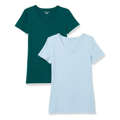 Women's Classic-Fit Short-Sleeve V-Neck T-Shirt, Pack of 2, Dark Green/Powder Blue, Small