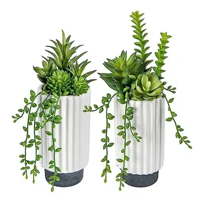 2 pcs Fake Succulent Plants Artificial Succulents in White Ceramic Pots, Faux Trailing Succulent