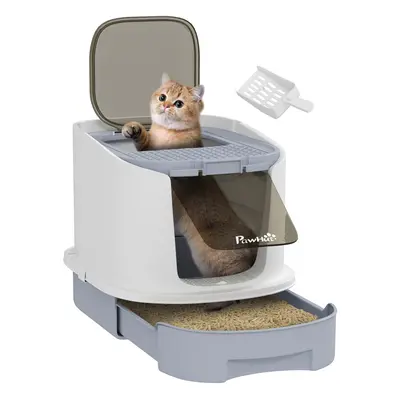 PawHut Cat Litter Box, Hooded Cat Litter Tray with Lid, Scoop, Grey