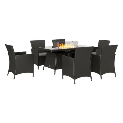 Outsunny Rattan Dining Set with Fire Pit Table and Armchairs, Black