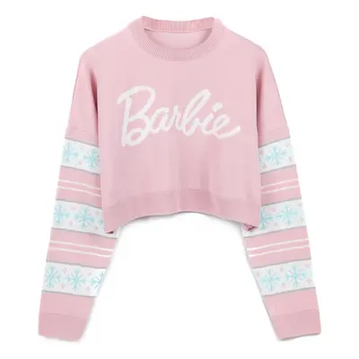 (L) Barbie Cropped Christmas Jumper Womens Snowflakes Fairisle Pink Knitted Sweater