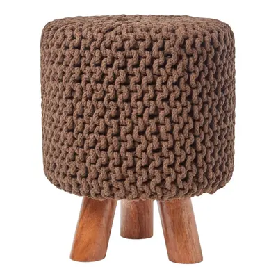 (Chocolate) Tall Knitted Cotton Footstool with Tripod Wooden Legs