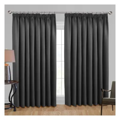 (GREY, x 90) Pencil Pleat Curtain Thermal Ready Made Pair Panel