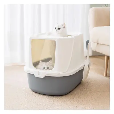 (Grey) Large Hooded Cat Litter Box with Scoop