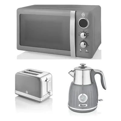 Swan Kitchen Retro GREY Digital Microwave, 1.5L Kettle w Dial & Slice Toaster