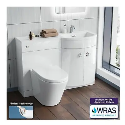 Nes Home White Bathroom P-Shape RH Basin Vanity Unit WC BTW Toilet 1100mm