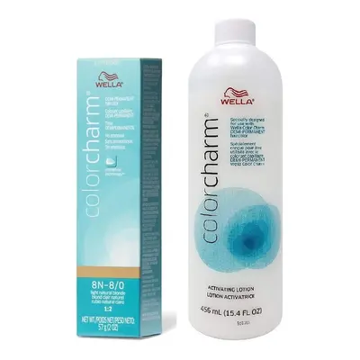 (8N + Activating Lotion (15.4oz)) Wella Color Charm 8N Light Natural Blonde Demi â Permanent H