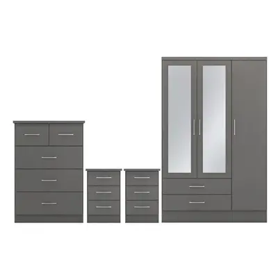 Nevada Piece 3D Effect Grey Bedroom Set - Door Drawer Mirrored Wardrobe, Drawer Chest & x Drawer