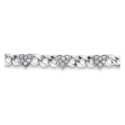 Jewelco London Rhodium Plated Sterling Silver Round Cubic Zirconia Love Heart Curb Bracelet 8mm 