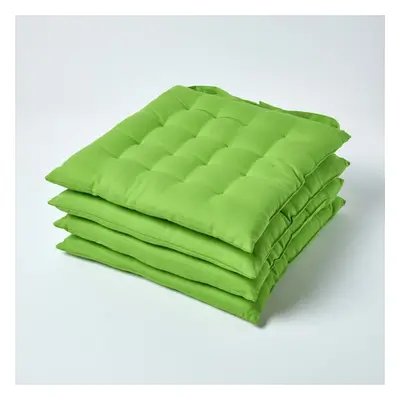 (Set of 4, Green) Plain Seat Pad with Button Straps 100% Cotton