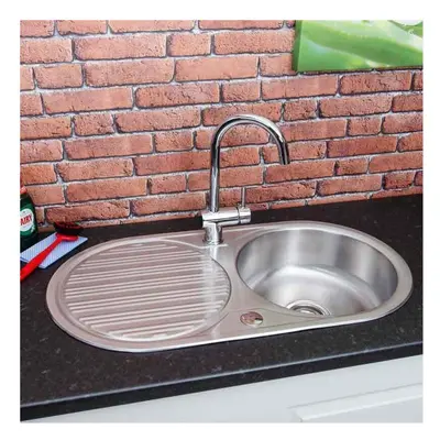 Stainless Steel Inset Round Kitchen Sink Single Bowl Reversible Drainer Waste