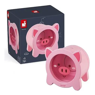 Janod - Wooden Children?s Piggy Bank 5.9 inch - See-Through Side and Magnetic Opening - Children