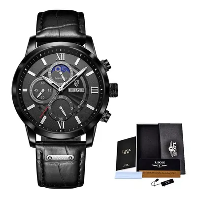 (all black) New Mens Watches Top Brand Luxury Brown Leather Casual Quartz Watch