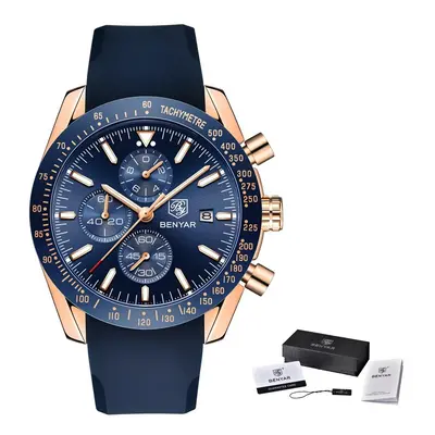 (Silico Gold Blue B) Men Watches Brand Luxury Silicone Strap Waterproof Sport Quartz Chronograph