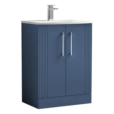 Retro Door Floor Standing Vanity Unit with Curved Tap Hole Ceramic Basin - 600mm - Satin Blue - 