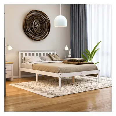 (Double, White) Milan Wood Bed Frame Low Foot Solid Pine Slatted