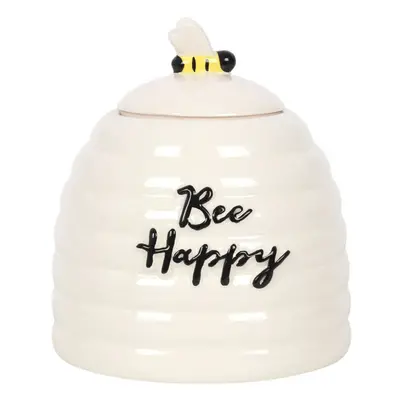 White Ceramic Storage Jar 3D Beehive Design 18cm Bee Happy Lid Topped