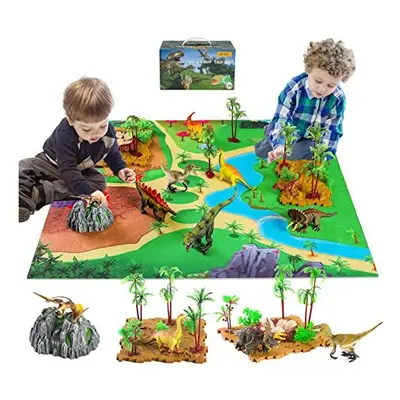 Dinosaur Toys with Play Mat, Rockery, Egg Nest, Soil Block*15, Trees*8, Grass*3 - Dino World & E