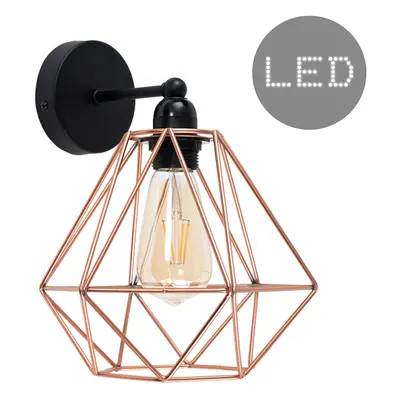 Industrial Satin Black Pipework Single Wall Light with a Copper Metal Basket Cage Light Shade - 