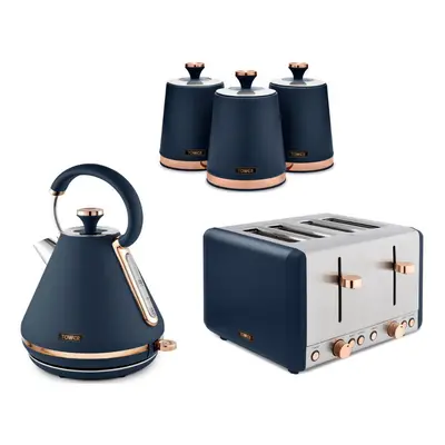 TOWER Cavaletto Pyramid Kettle Slice Toaster & Canisters Blue/Rose Gold