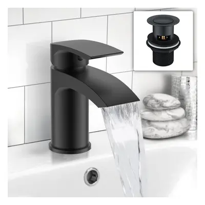 Nes Home Matt Black Cloakroom Bathroom Basin Mono Mixer Tap With Waste