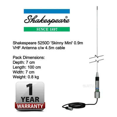 Shakespeare 5250D Skinny Mini VHF Whip Antenna -0.9m with 4.5m Cable?for Boats