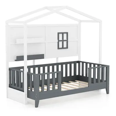 Kids Single Wood House Bed Montessori Floor Bed w/2 Shelves&Guardrails