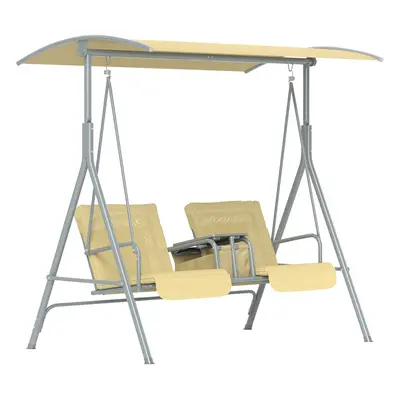 Outsunny Person Covered Patio Swing with Pivot Table & Storage Console Beige