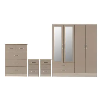 Nevada Piece Oyster Gloss Bedroom Set - Door Drawer Mirrored Wardrobe, Drawer Chest & x Drawer B