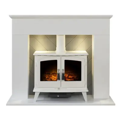 Adam Corinth Stove Fireplace in Pure White & Grey with Downlights & Woodhouse Electric Stove in 