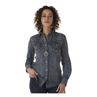 Wrangler womens Long Sleeve Western Snap Work Shirt Blouse Denim Med