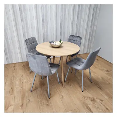 Round Oak Effect Dining Table With Grey Velvet Tufted Chairs Set