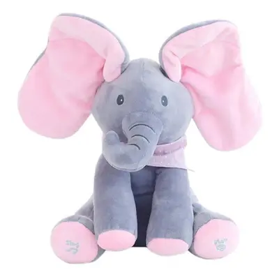 (Pink Gray) Baby Peek A Boo Animated Singing Elephant Flappy Plush Toy