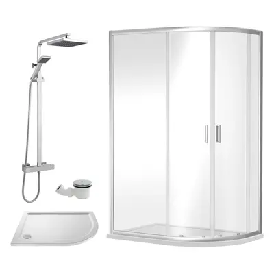 Ruwa Shower Enclosure Bundle - Offset Right Quadrant, Tray, Square Shower & Waste - White/Chrome