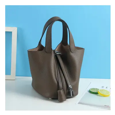 (Khaki (head layer cowhide), small) New Litchi Pattern Casual Dish, Bag Leather, Fashion Versati