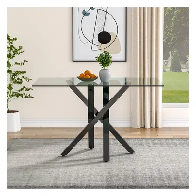 (Black) Modern Rectangle Tempered Glass Top Dining Table with Metal Legs