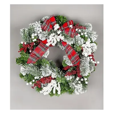 (60cm Wreath Tartan Ribbon) Pre Lit Christmas Wreath Garland Berry cone Wall Door Home Xmas Hang