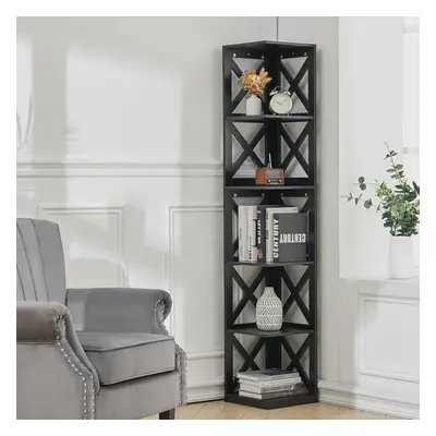 (6 Tier Black) Tall Wooden Corner Storage Shelf Bookshelf Display Cabinet Rack