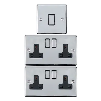 CHROME Bedroom Socket & Switch Set - 1x Light & 2x Double UK Power Sockets